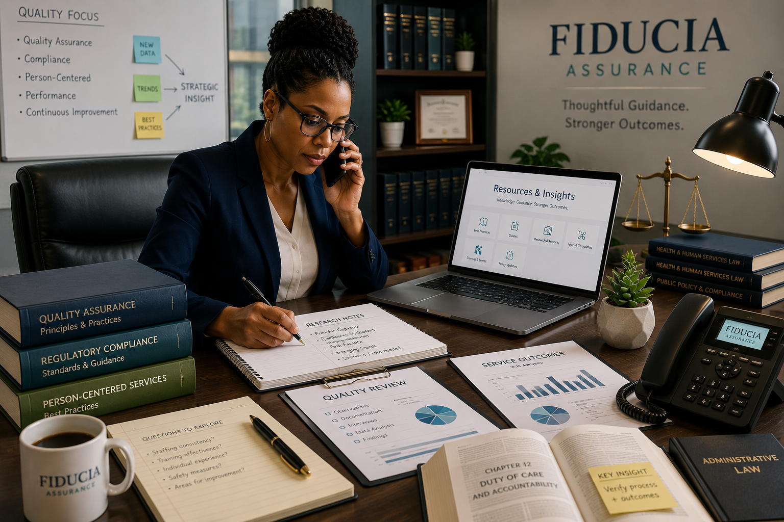 Fiducia Assurance professional researching quality assurance, compliance, policy, and service outcomes while consulting by phone